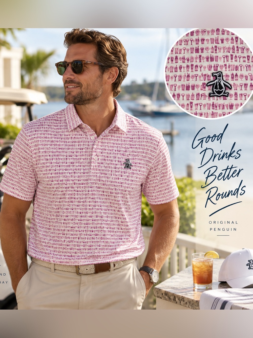 Original Penguin Mens XL Polo Pink Cocktail Print Golf Performance Munsingwear